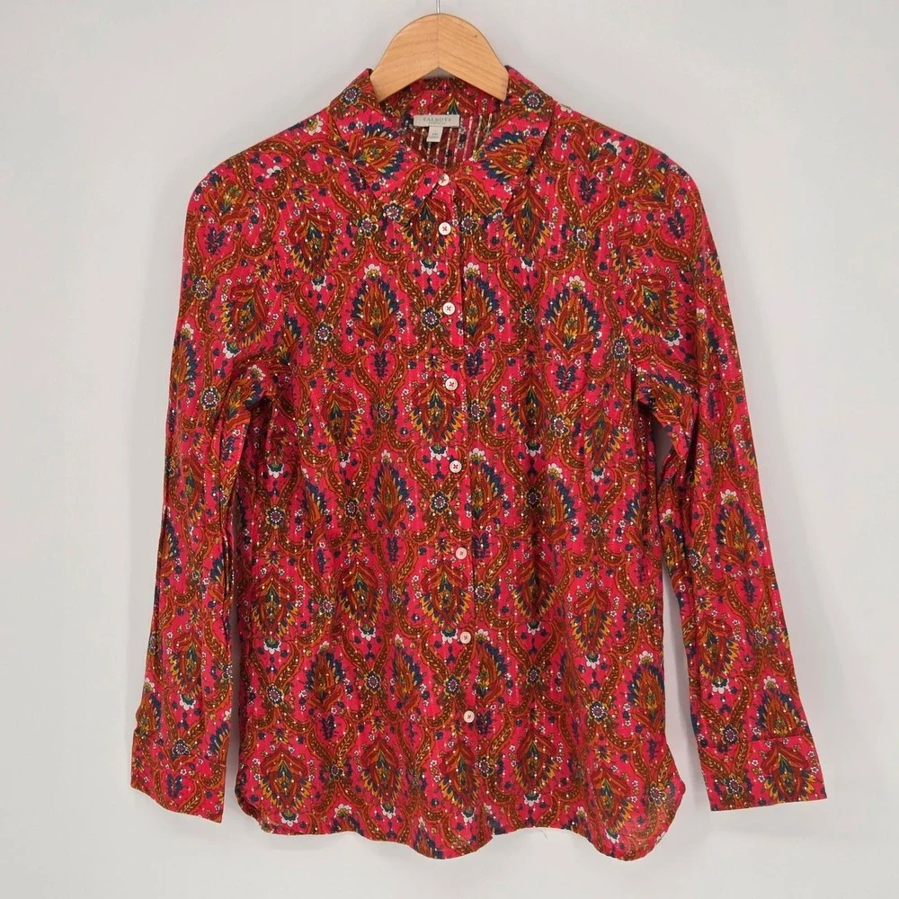 Talbots Petite Medium Pink Paisley Gold Metallic Dot Button Down Shirt Whimsy